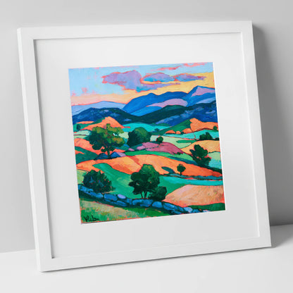 Golden Evening Light Across the Fells lake district sky art print in white frame