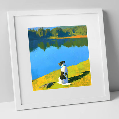 Sunlit Dog Beside Tarn Hows tarn hows wall art art print in white frame
