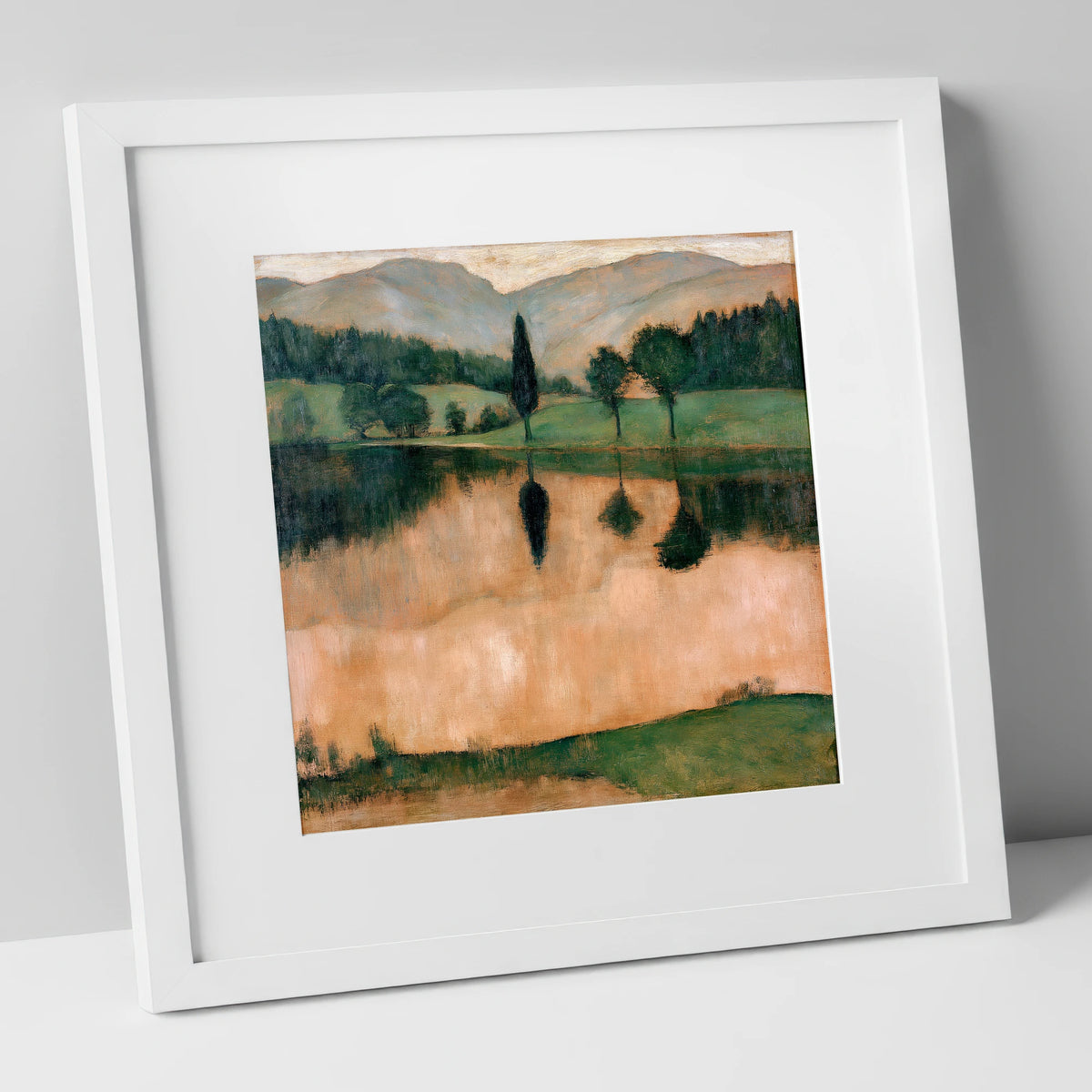 Warm Reflections on a Calm Lake lake district lake art print in white frame