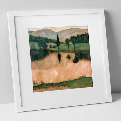 Warm Reflections on a Calm Lake lake district lake art print in white frame
