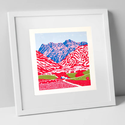 Vibrant Great Langdale Fells lake district valley art print in white frame