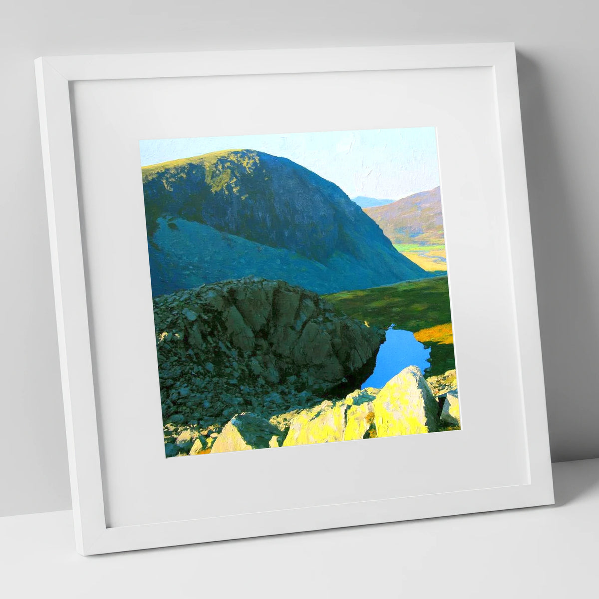 High Crag and Sunlit Tarn lake district fell art print in white frame