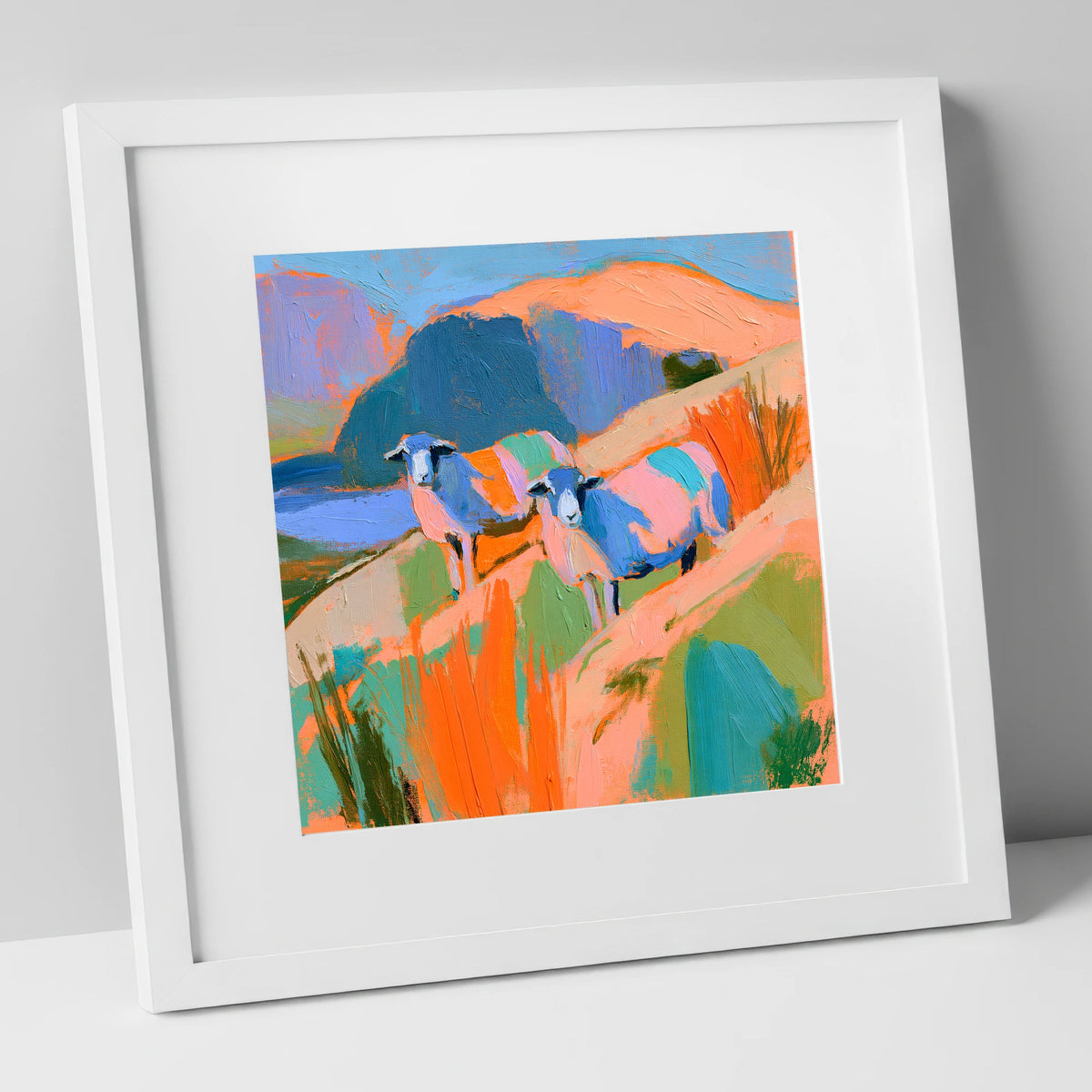 Colourful Herdwick Sheep on Fellside lake district wildlife art print in white frame