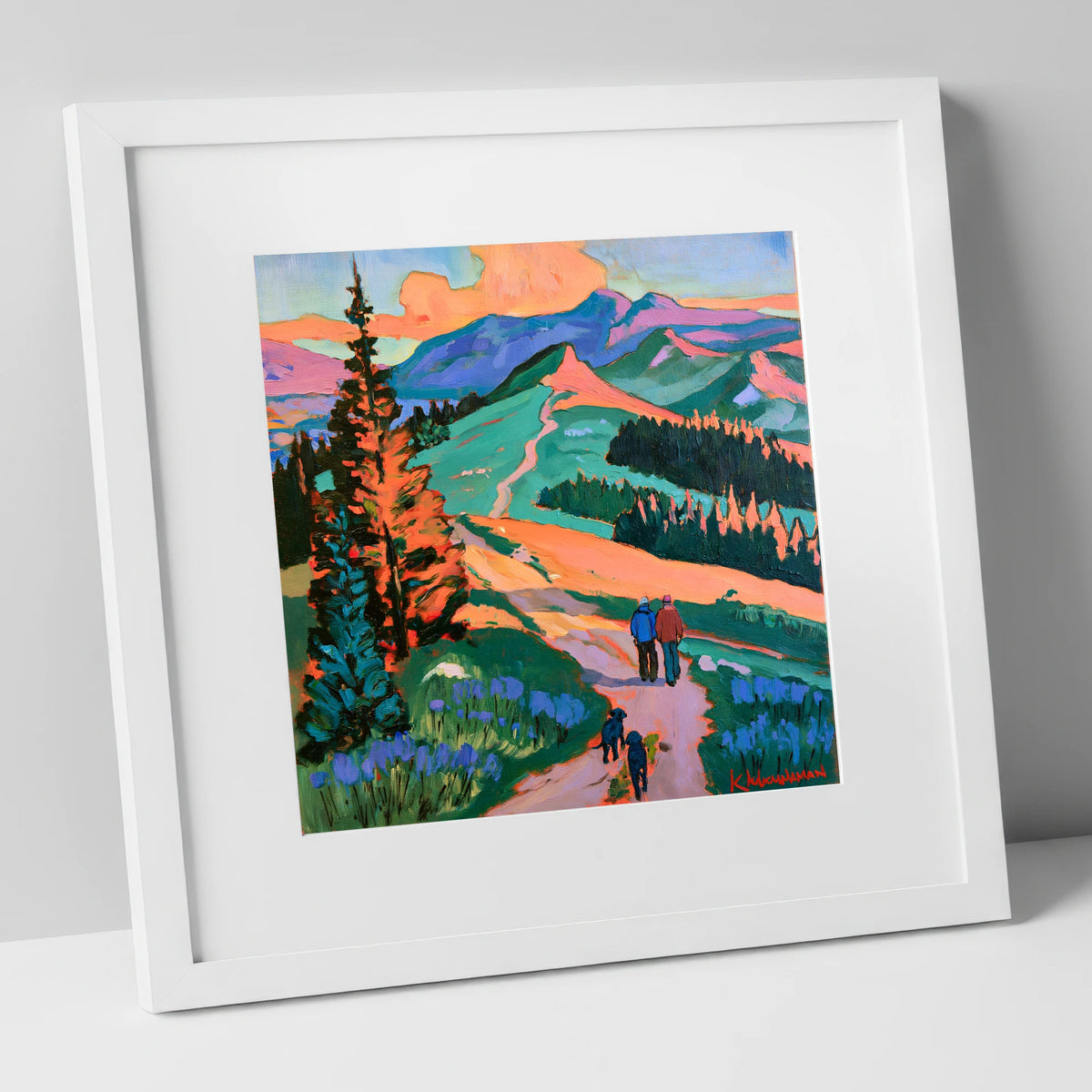 Vibrant Cat Bells Dog Walk gifts for dog walkers art print in white frame