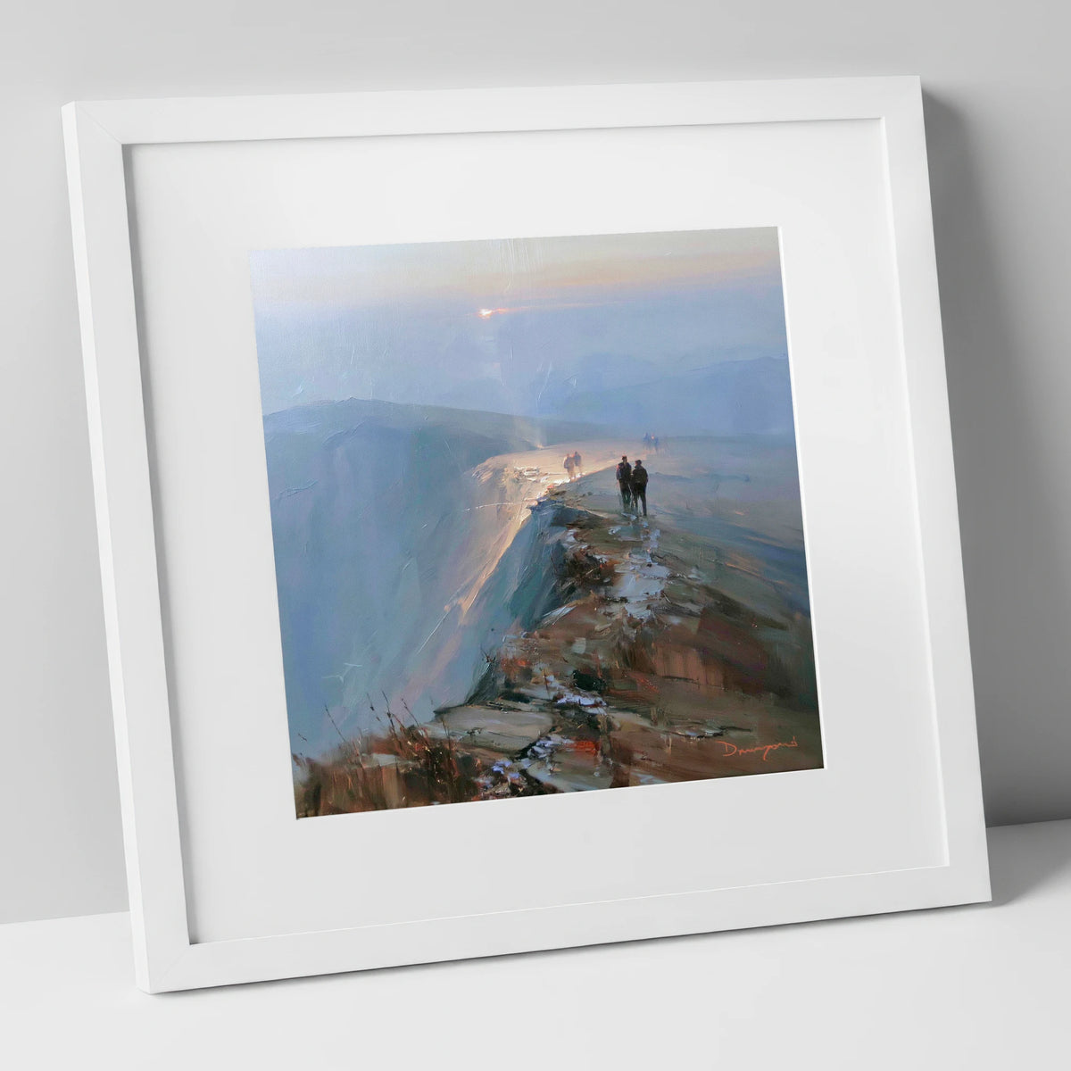 Hikers on a Hazy Fell Top lake district fell art print in white frame