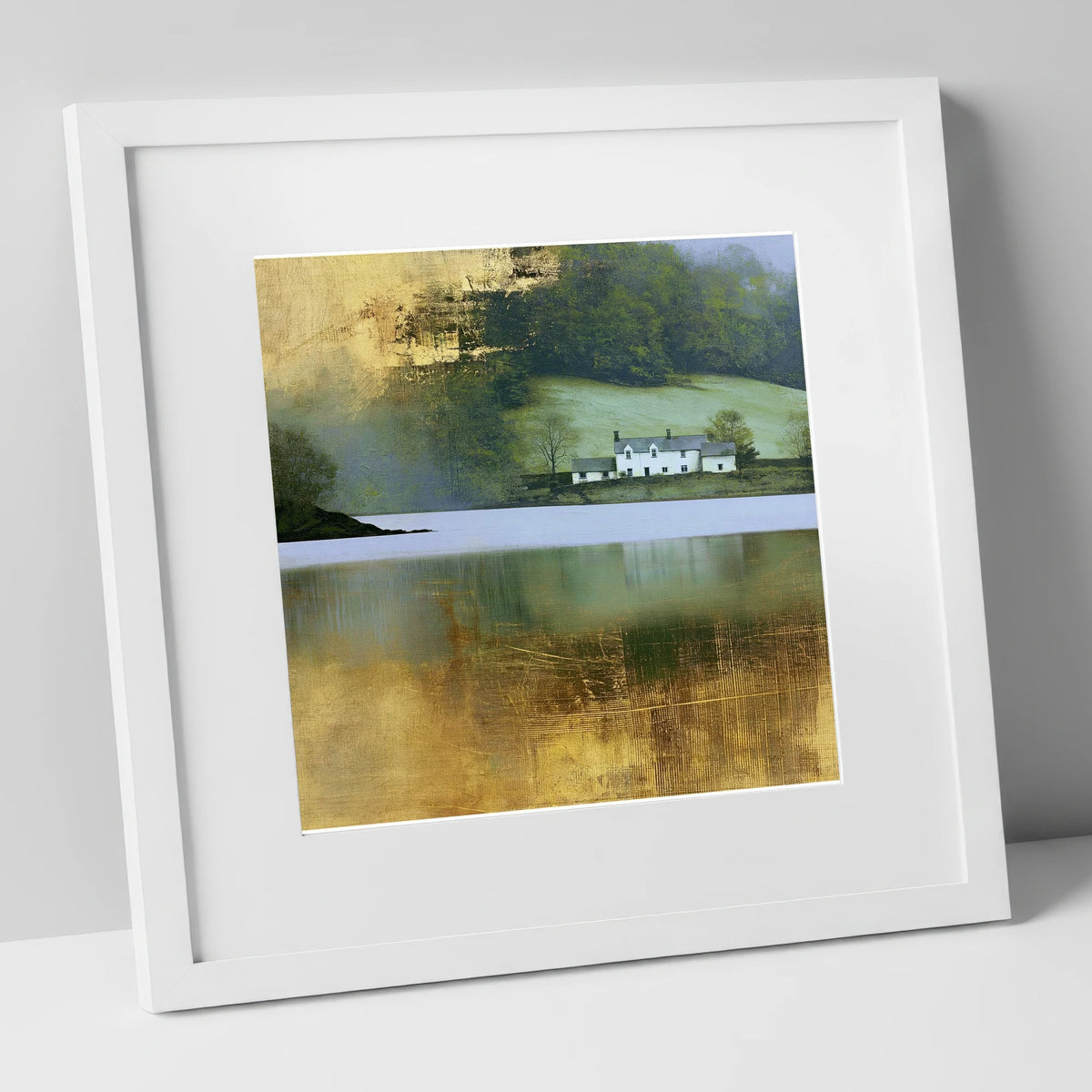 Golden Reflections on Coniston Water lake district lake art print in white frame