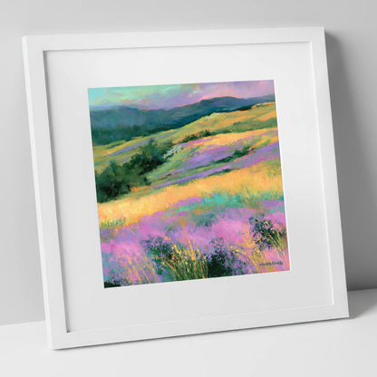 Vibrant Heather on the Fellside flowers & fellsides art print in white frame