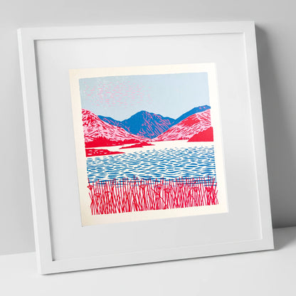 Vibrant Pink Fells and Lake lake district lake art print in white frame