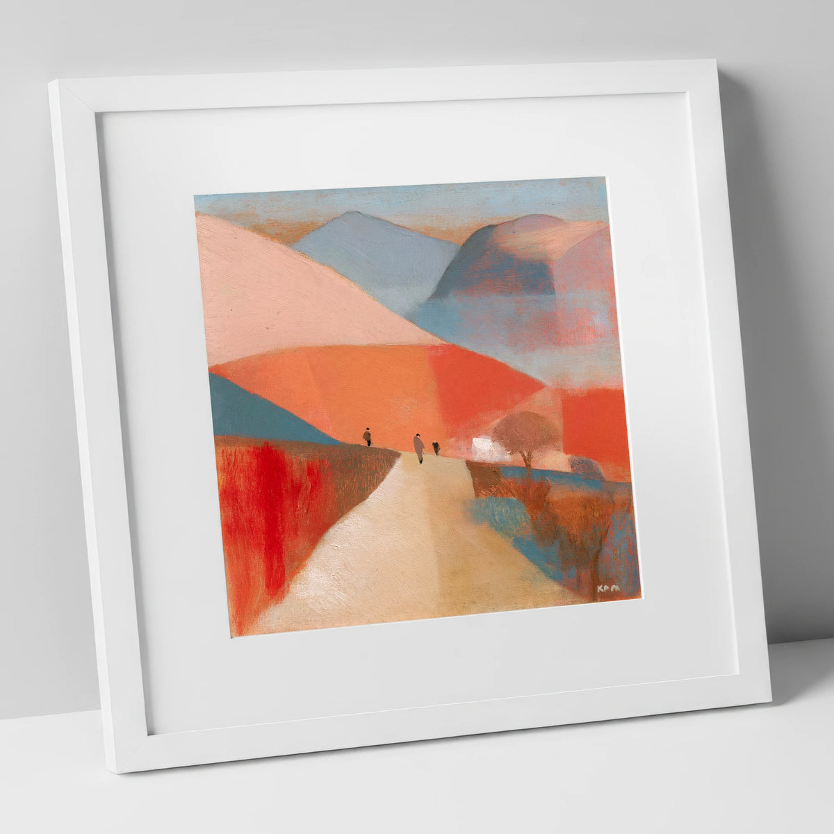 Walkers on a Coral Mountain Path lake district walking art print in white frame