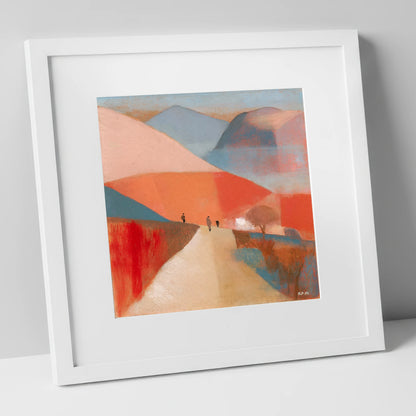 Walkers on a Coral Mountain Path lake district walking art print in white frame