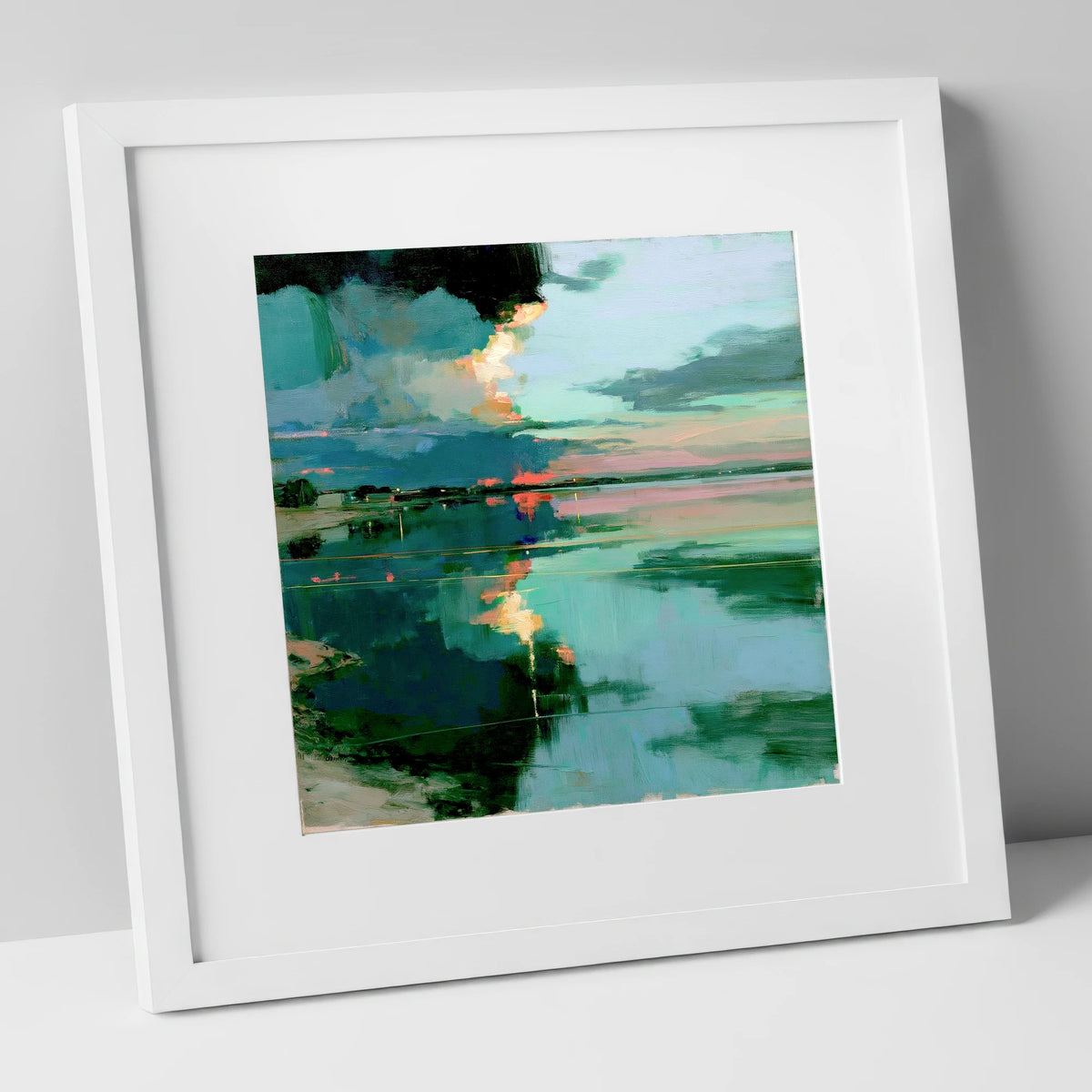 Fiery Sky Lake Reflections lake district lake art print in white frame