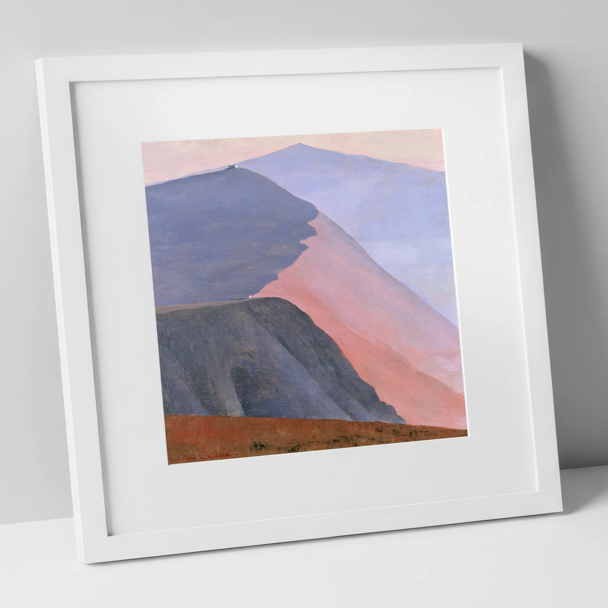 Mountain Summit in Pink Light lake district fell art print in white frame