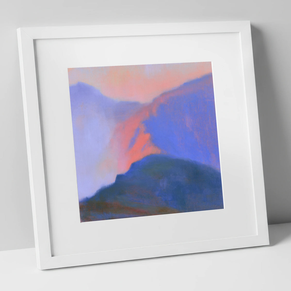 Misty Mountain Ridge in Pink Light lake district fell art print in white frame