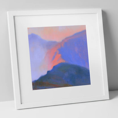 Misty Mountain Ridge in Pink Light lake district fell art print in white frame