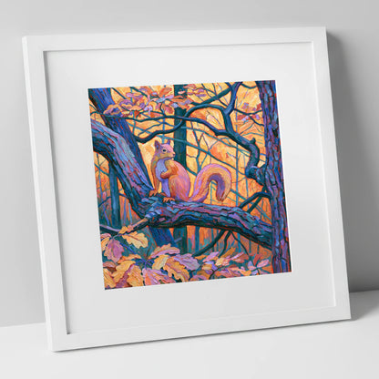 Lakeland Red Squirrel in Amber Light lake district wildlife art print in white frame