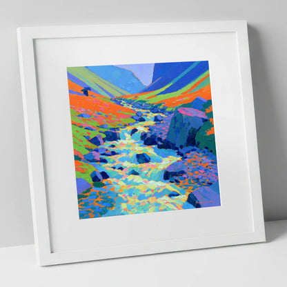 Vivid Flowing Fellside Beck lake district waterfall art print in white frame
