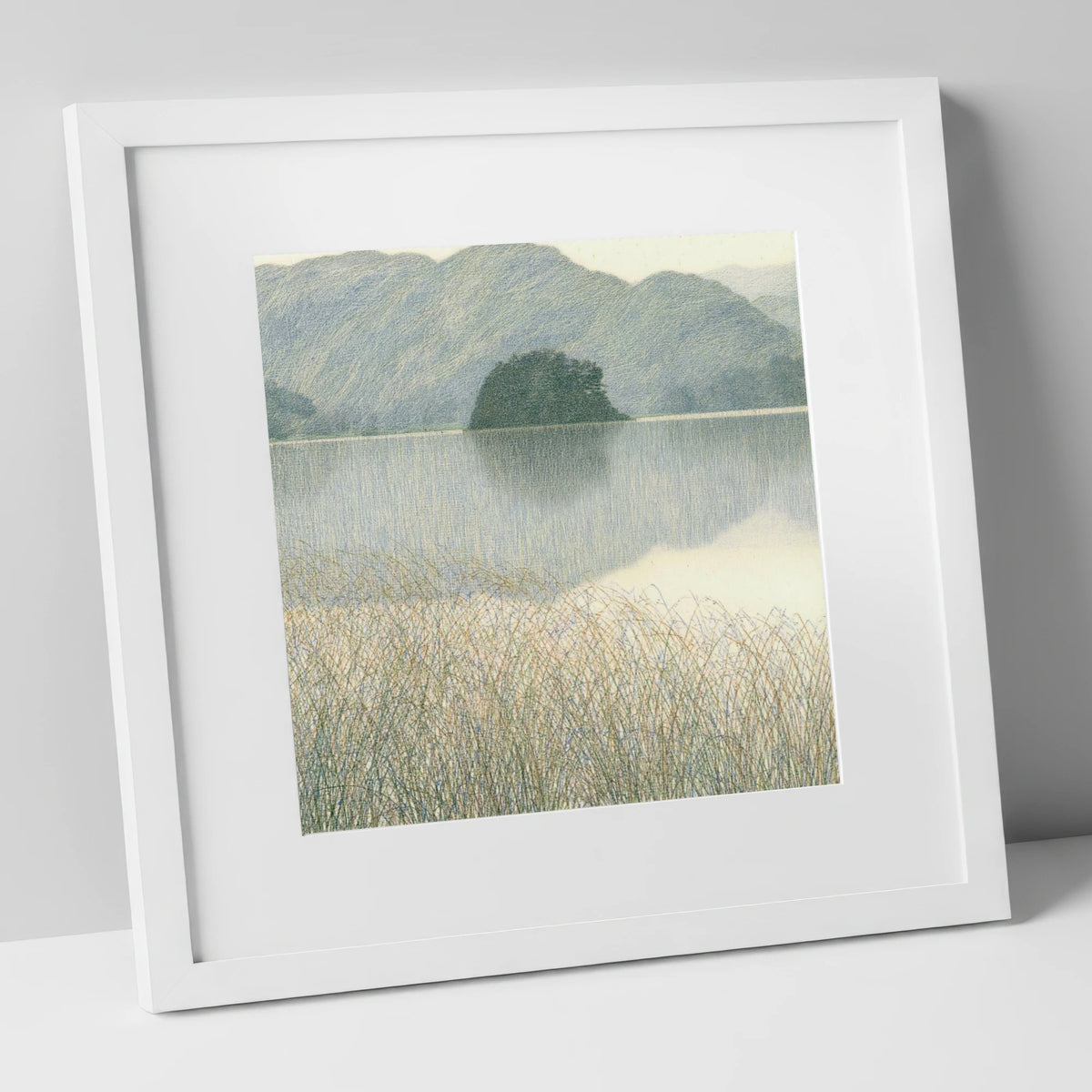 Grasmere Island Through Tall Grasses lake district lake art print in white frame
