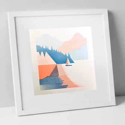 Geometric Sailboat on Windermere lake district lake art print in white frame
