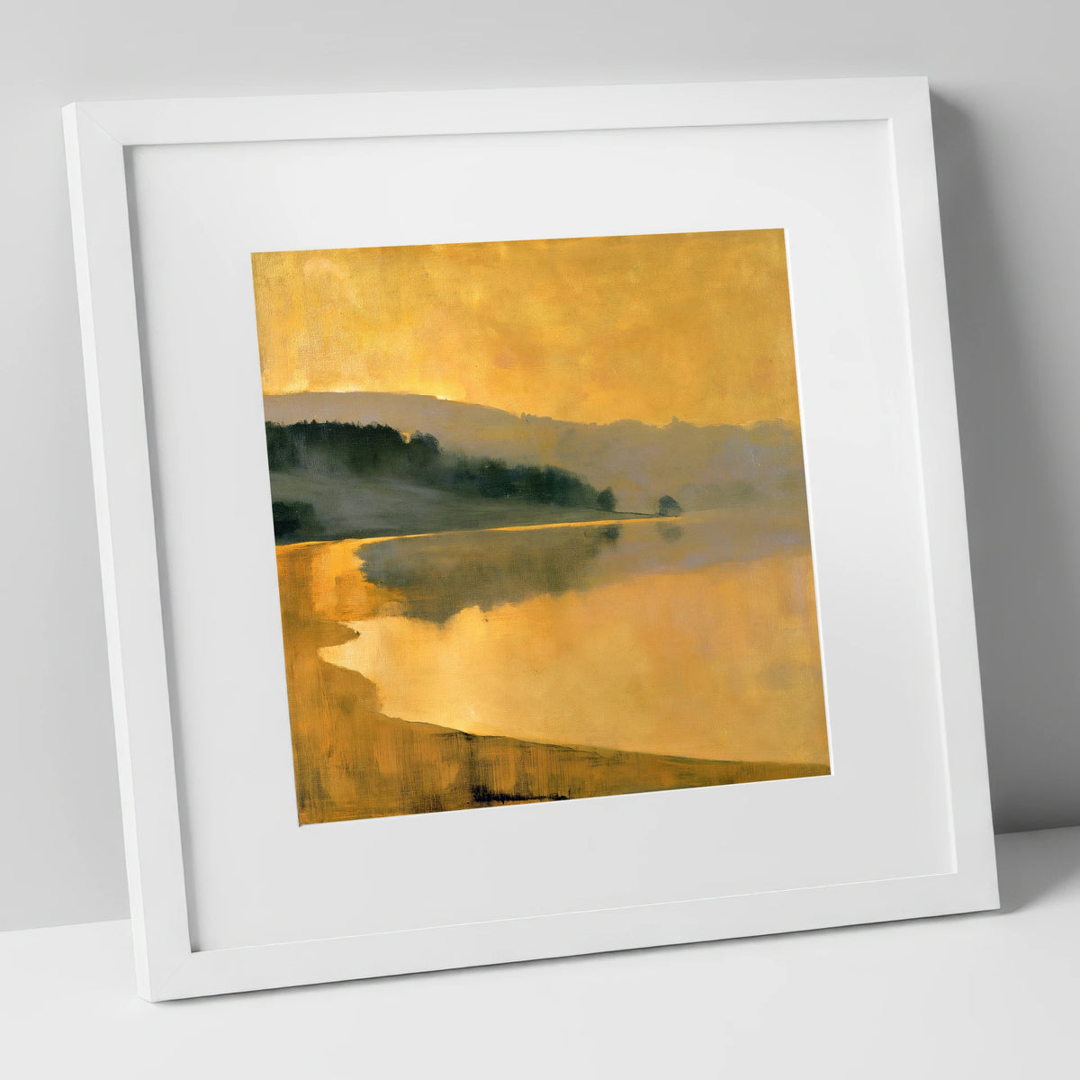 Ochre Dawn Over the Lake lake district lake art print in white frame