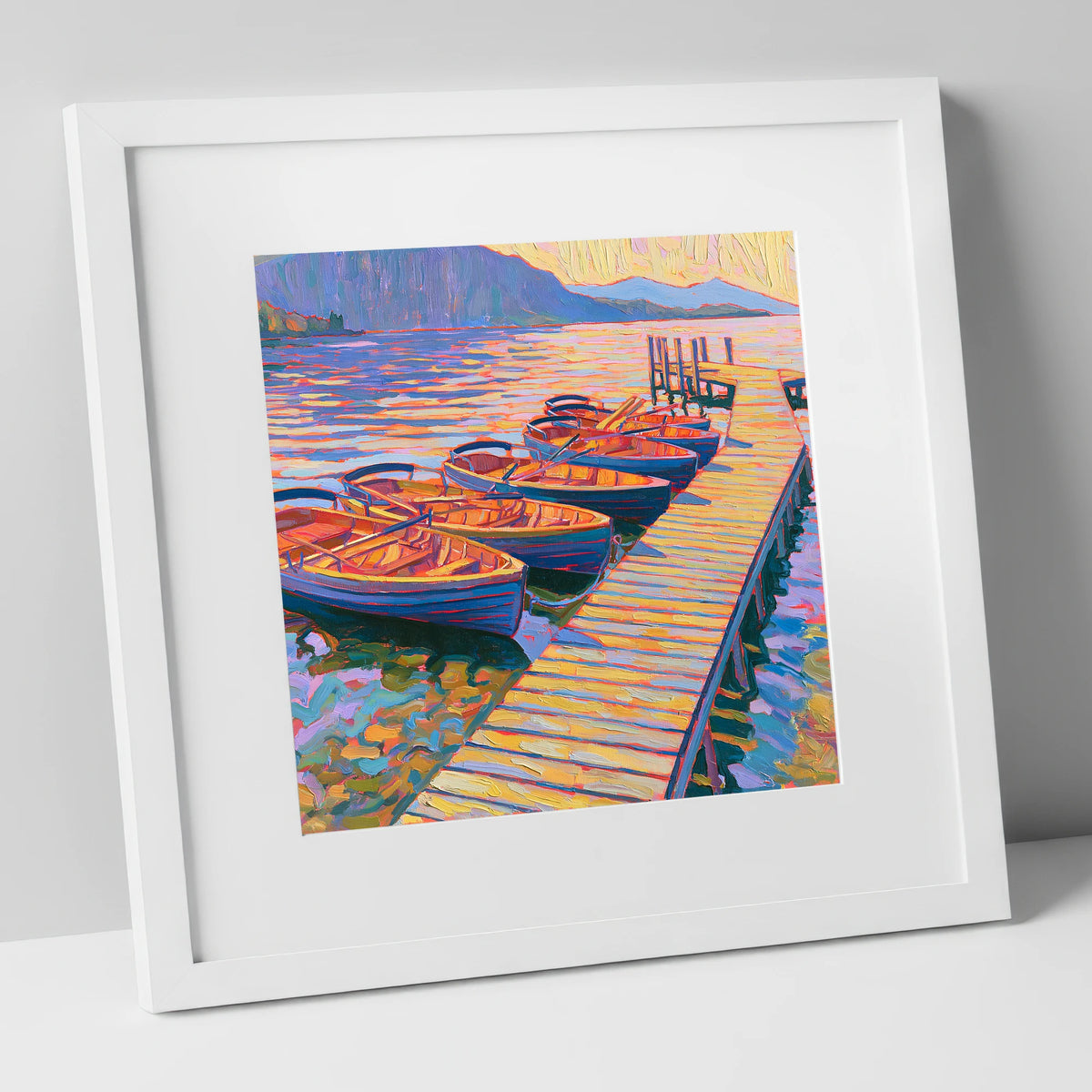 Vibrant Windermere Rowing Boats lake district lake art print in white frame