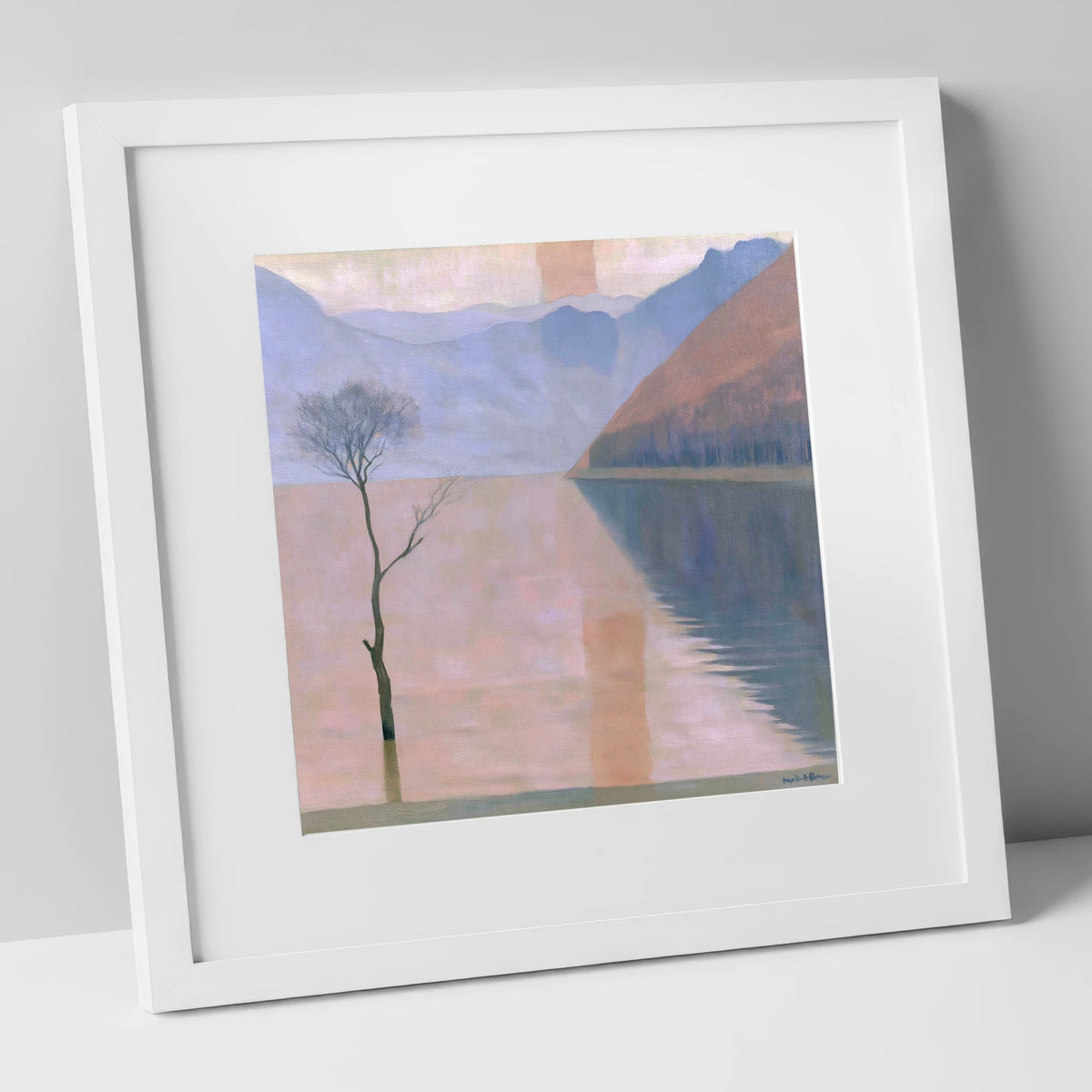 Buttermere Lone Tree in Pastel Light lake district lake art print in white frame