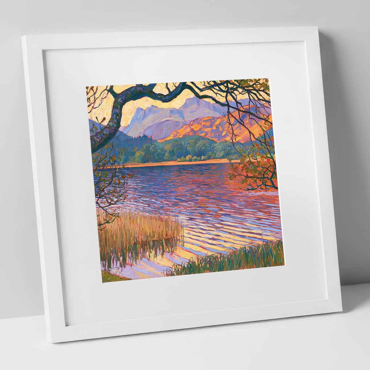 Elterwater Framed by Trees lake district lake art print in white frame