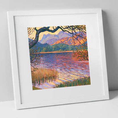 Elterwater Framed by Trees lake district lake art print in white frame