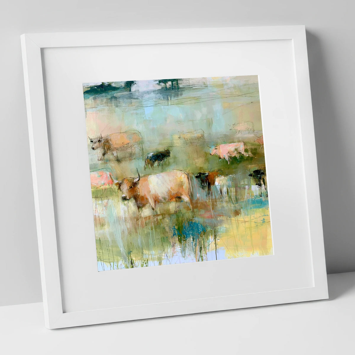 Highland Cattle in Pastel Washes lake district wildlife art print in white frame