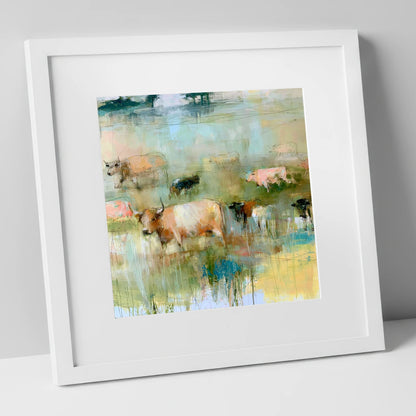 Highland Cattle in Pastel Washes lake district wildlife art print in white frame