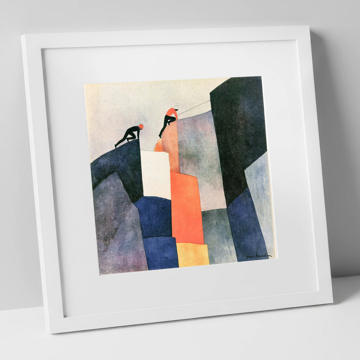 Climbers Ascending a Geometric Crag lake district walking art print in white frame