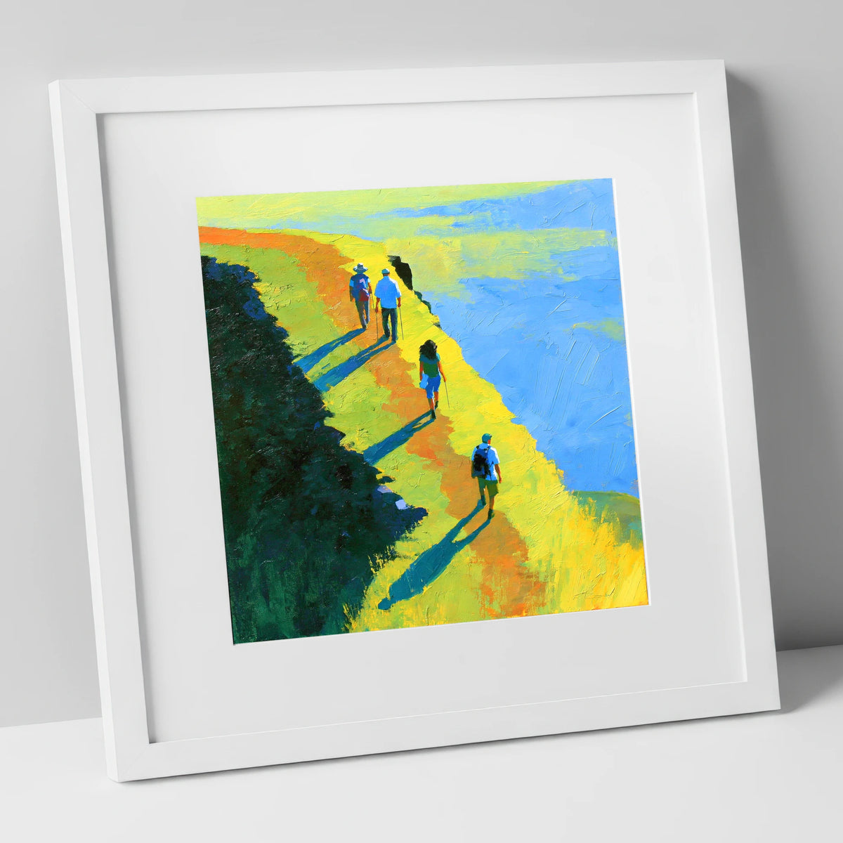 Fell Walkers on a Sunlit Ridge lake district fell art print in white frame