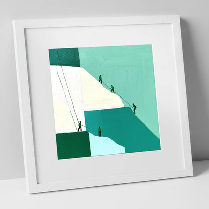 Climbers on a Teal Crag lake district walking art print in white frame