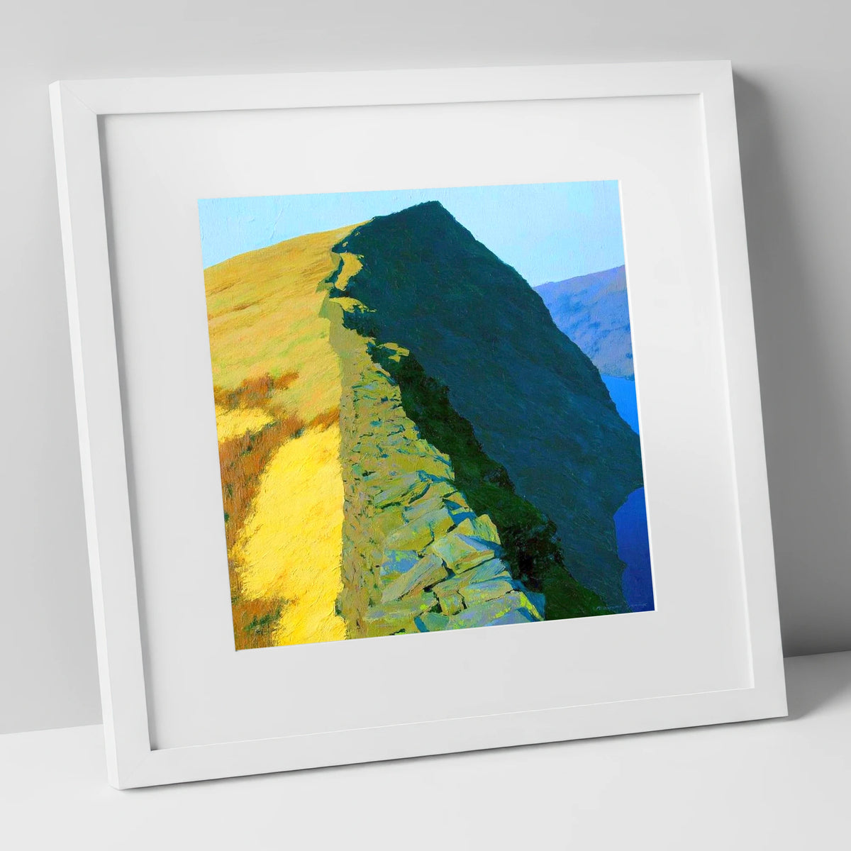 High Pike Ridge Stone Wall lake district fell art print in white frame