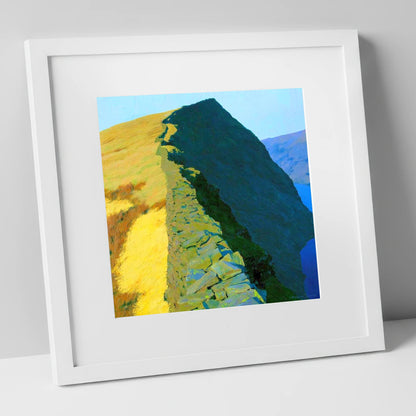 High Pike Ridge Stone Wall lake district fell art print in white frame