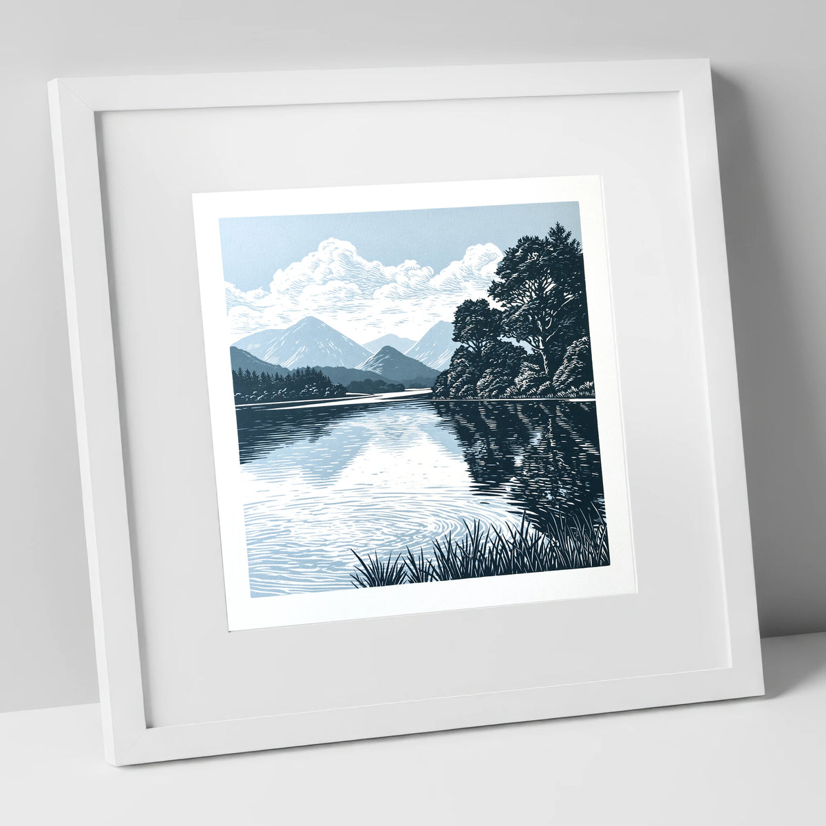 Navy Blue Lake Reflections lake district lake art print in white frame