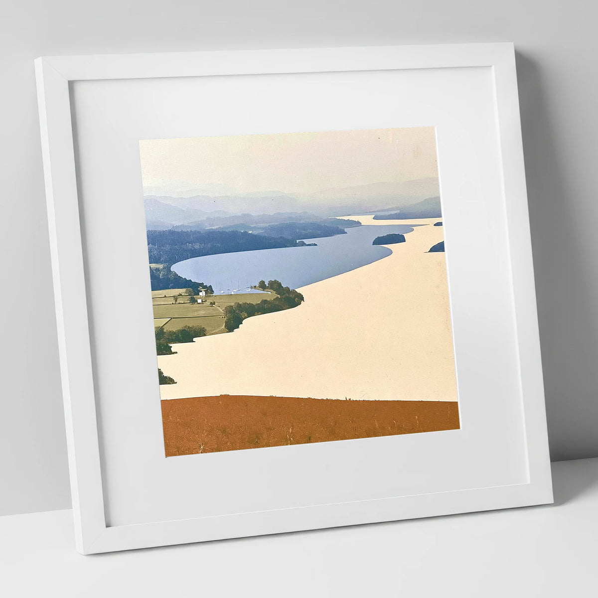 Slate Blue Windermere from Above lake district lake art print in white frame