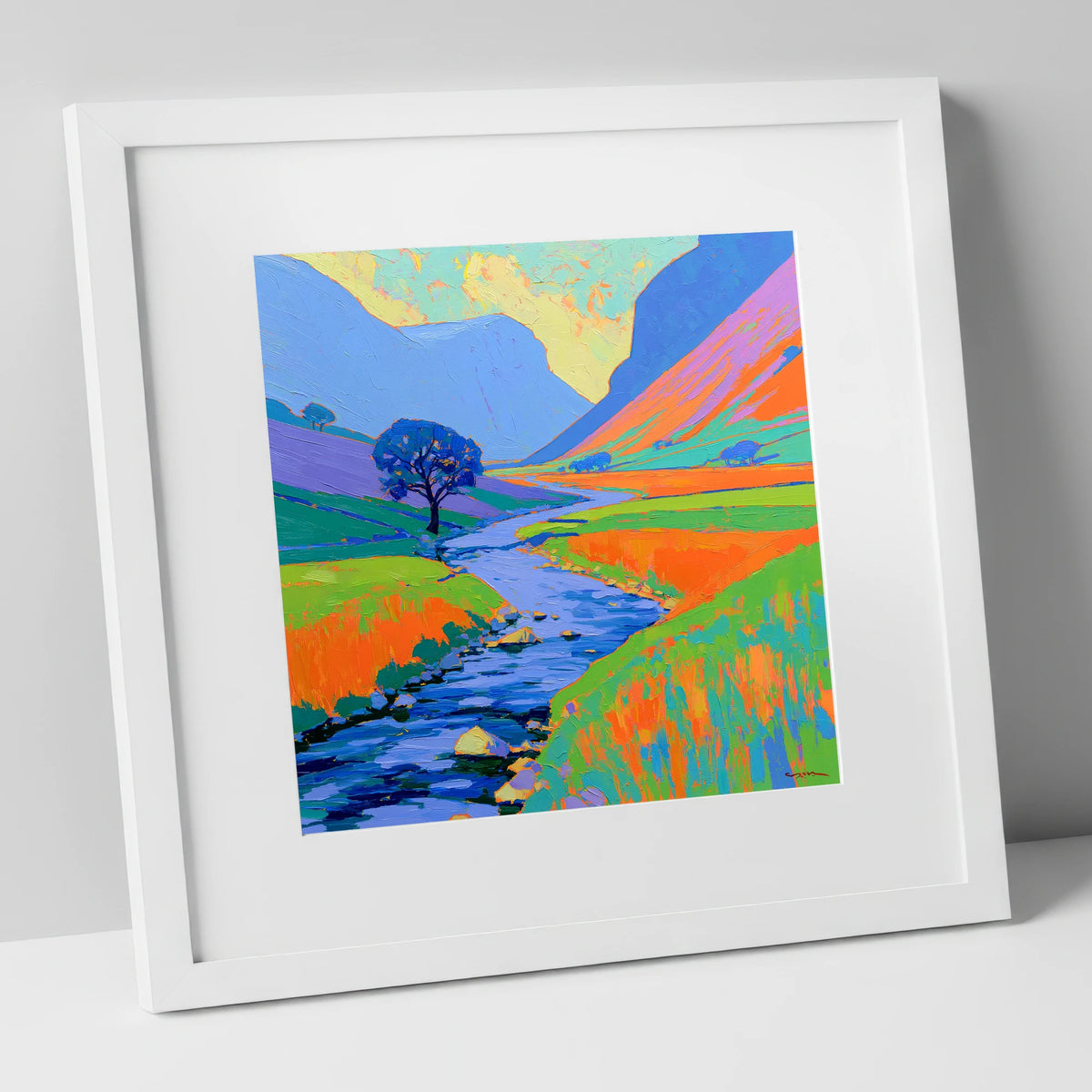 Vivid River In The Valley lake district waterfall art print in white frame