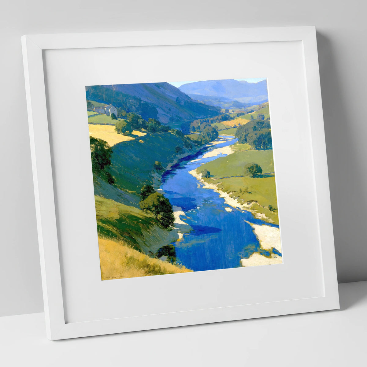Vivid Winding River Valley lake district waterfall art print in white frame