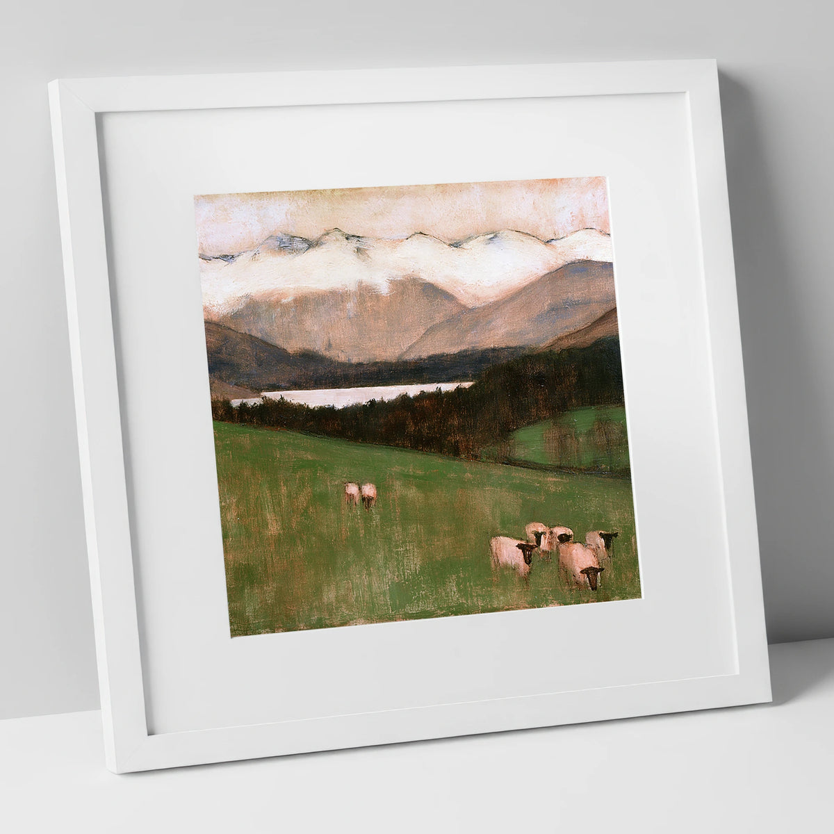 Hawkshead Pasture in Warm Light lake district village art print in white frame