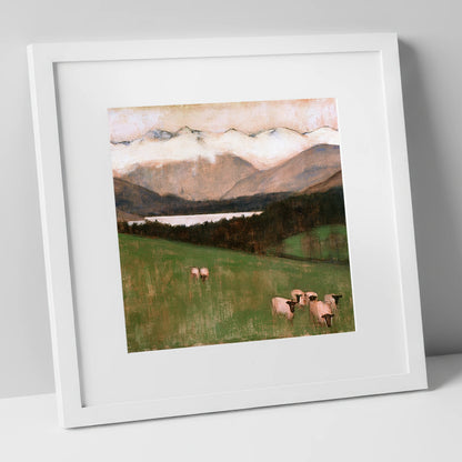 Hawkshead Pasture in Warm Light lake district village art print in white frame
