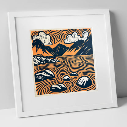 Graphic Terracotta Wastwater Landscape lake district lake art print in white frame