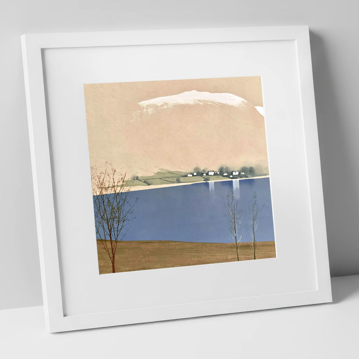 Winter Waters at Pooley Bridge lake district village art print in white frame
