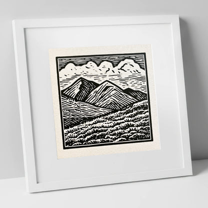 Monochrome Rolling Fells Under Cloud lake district fell art print in white frame