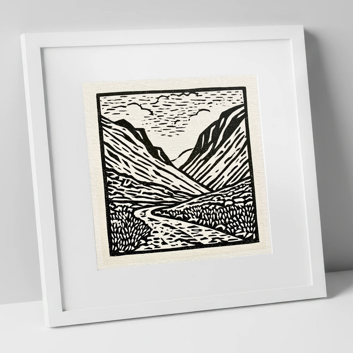 Honister Pass in Bold Monochrome lake district valley art print in white frame