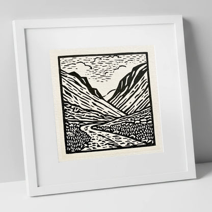 Honister Pass in Bold Monochrome lake district valley art print in white frame