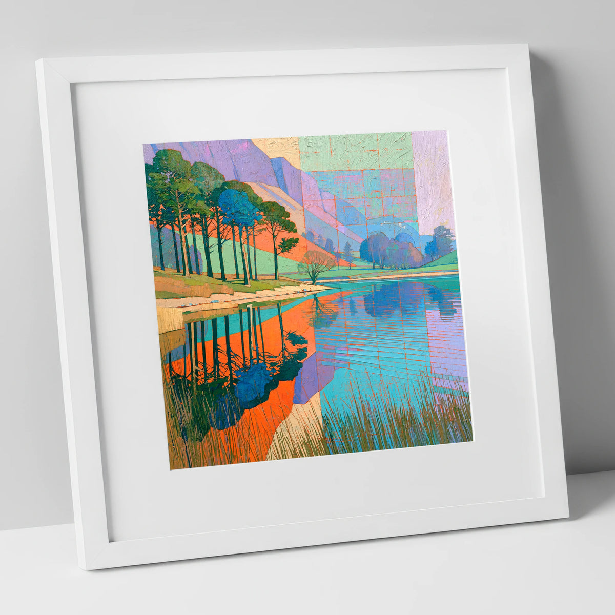 Bold Pine Tree Reflections lake district lake art print in white frame