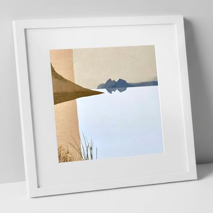 Slate Blue Loweswater Reflections lake district lake art print in white frame