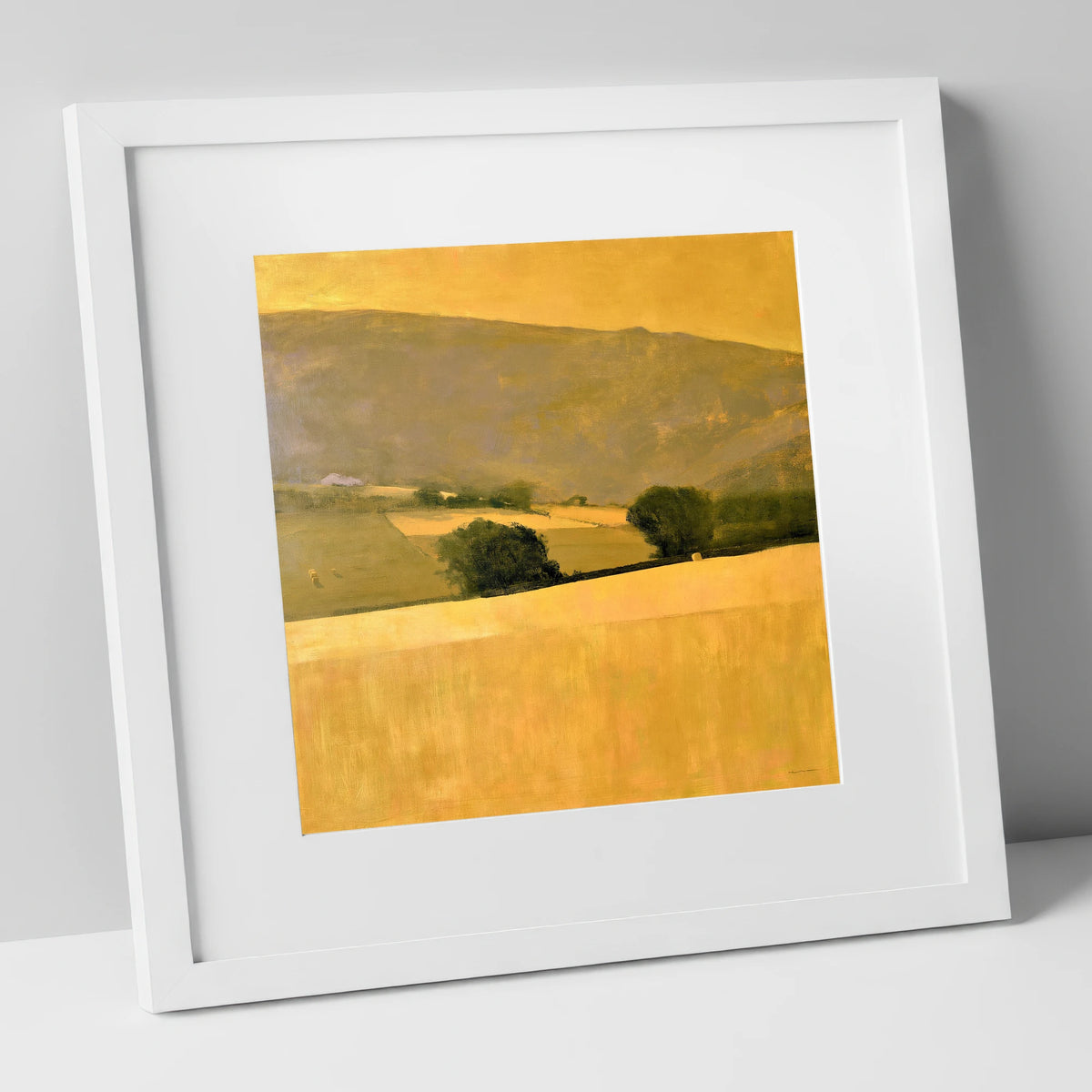Golden Fields in a Dale lake district valley art print in white frame