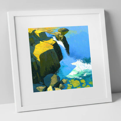 Sunlit Cascade over High Fell Rocks lake district waterfall art print in white frame