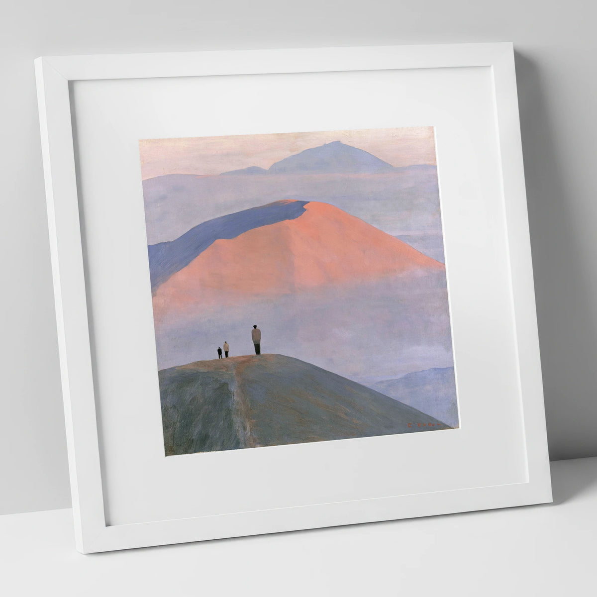 Hikers on a Pastel Fell Top lake district fell art print in white frame